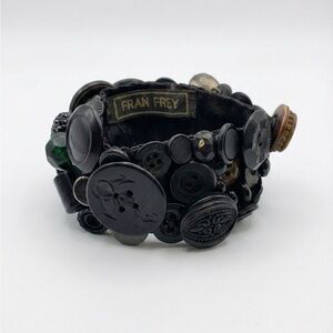 Fran Frey Vintage Button Bracelet Cuff Black Statement Chunky Eclectic Upcycled